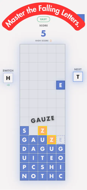 WordDrop gameplay: letters falling onto a grid to form words